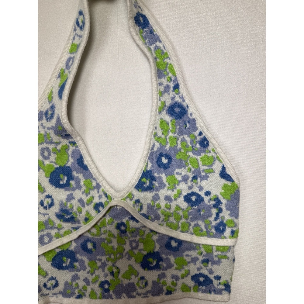 Princess Polly Floral Knit Halter Top Blue Green White Crop V-Neck S/M RN163017